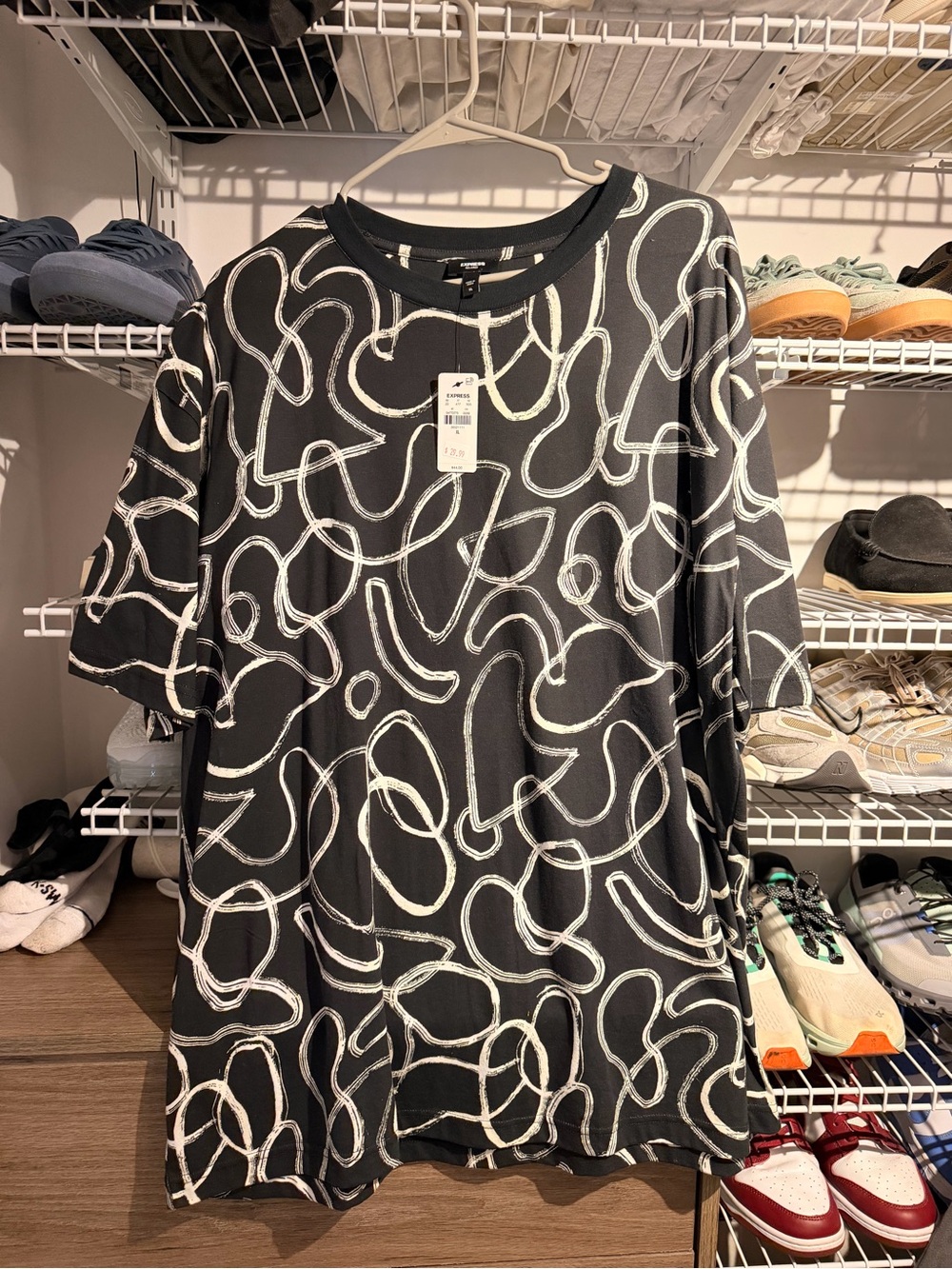 NWT Express Black Short Sleeve Tee with White Scribble Print